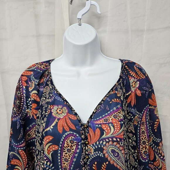 Chaps Blouse Blue Paisley Boho Cottage Peasant Casual Festival PM - Picture 2 of 12